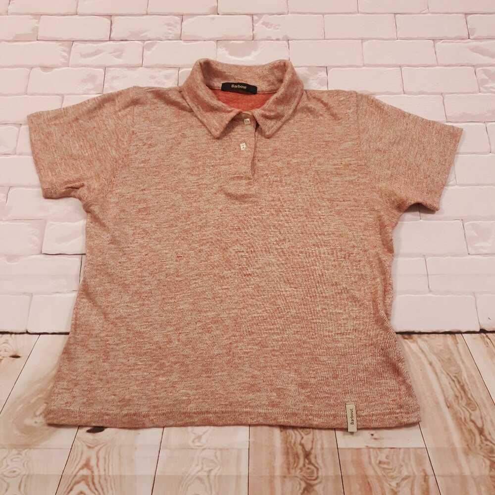 Barbour Linen‎ Blend Polo Shirt Womens Size 6 Light Orange Square Buttons Logo